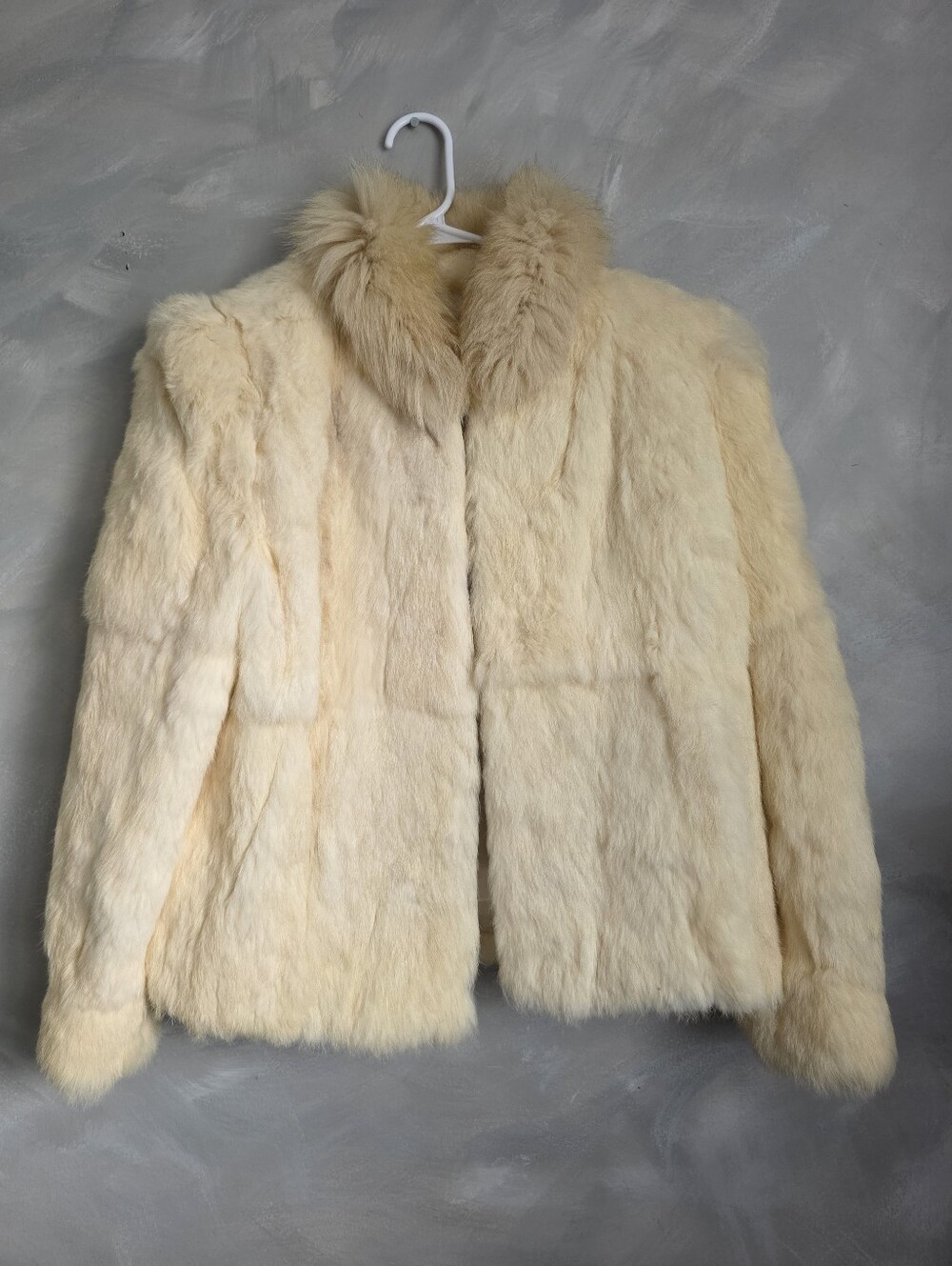 Vtg Cream Genuine Rabbit Fur Jacket Plush Fluffy Collar Mob Wife Old Money Glam